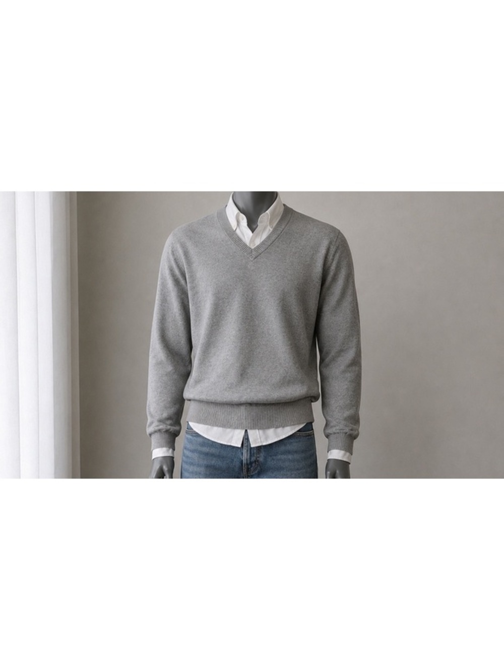 Men’s Gray V-Neck Lightweight Sweater XL Cotton Pullover Long Sleeve